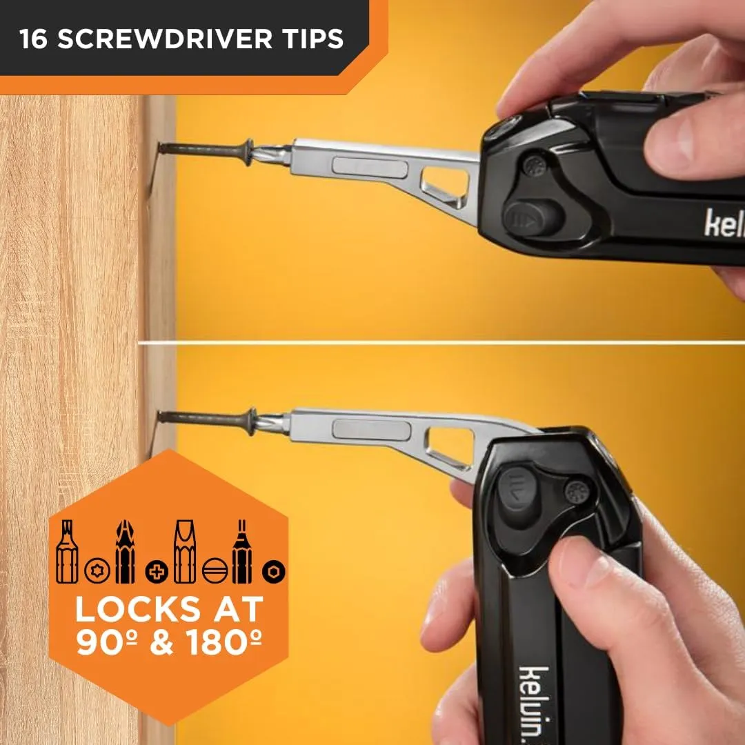 Kelvin Tools Kelvin 23 Urban Multi Tool Screwdriver Set All in One with 16 Bit Set, Tape Measure, Liquid Level, Hammer, Flashlight Multibit Pocket Screwdriver, Universal Precision Screwdriver - Red