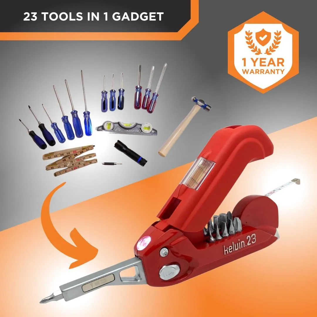 Kelvin Tools Kelvin 23 Urban Multi Tool Screwdriver Set All in One with 16 Bit Set, Tape Measure, Liquid Level, Hammer, Flashlight Multibit Pocket Screwdriver, Universal Precision Screwdriver - Red