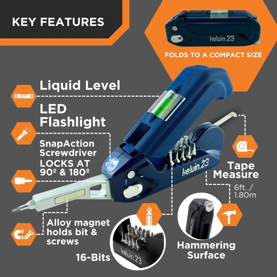 Kelvin Tools Kelvin 23 Urban Multi Tool Screwdriver Set All in One with 16 Bit Set, Tape Measure, Liquid Level, Hammer, Flashlight Multibit Pocket Screwdriver, Universal Precision Screwdriver - Red