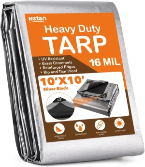 Keten Tarps Heavy Duty Waterproof 10X10 Feet, Extra Thick 16 Mil, Tear & Fade Resistant, 100% UV Blocking, Outdoor Tarp with Reinforced Grommets for Roof, Camping, Patio, Pool, Boat(Silver/Black)