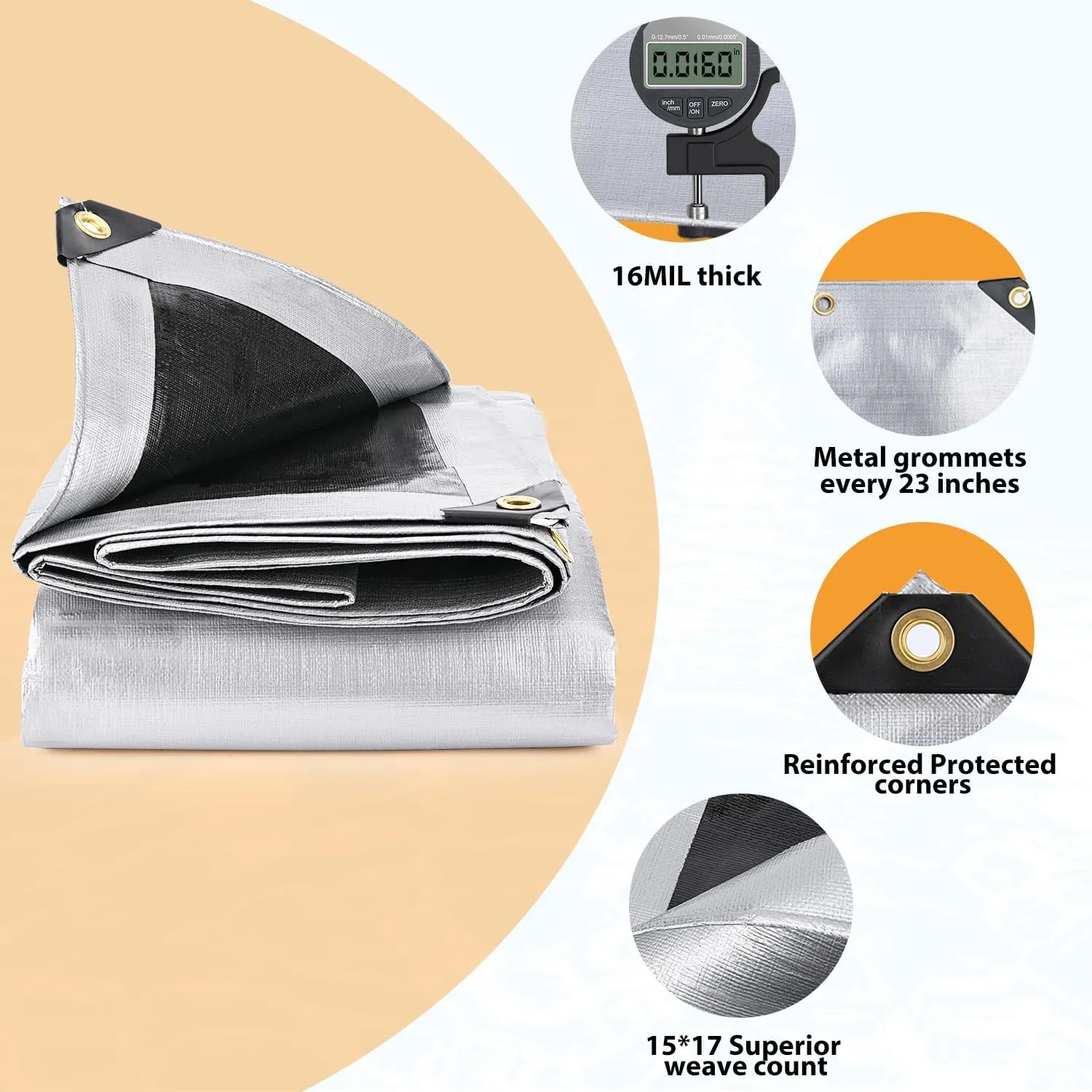 Keten Tarps Heavy Duty Waterproof 10X10 Feet, Extra Thick 16 Mil, Tear & Fade Resistant, 100% UV Blocking, Outdoor Tarp with Reinforced Grommets for Roof, Camping, Patio, Pool, Boat(Silver/Black)