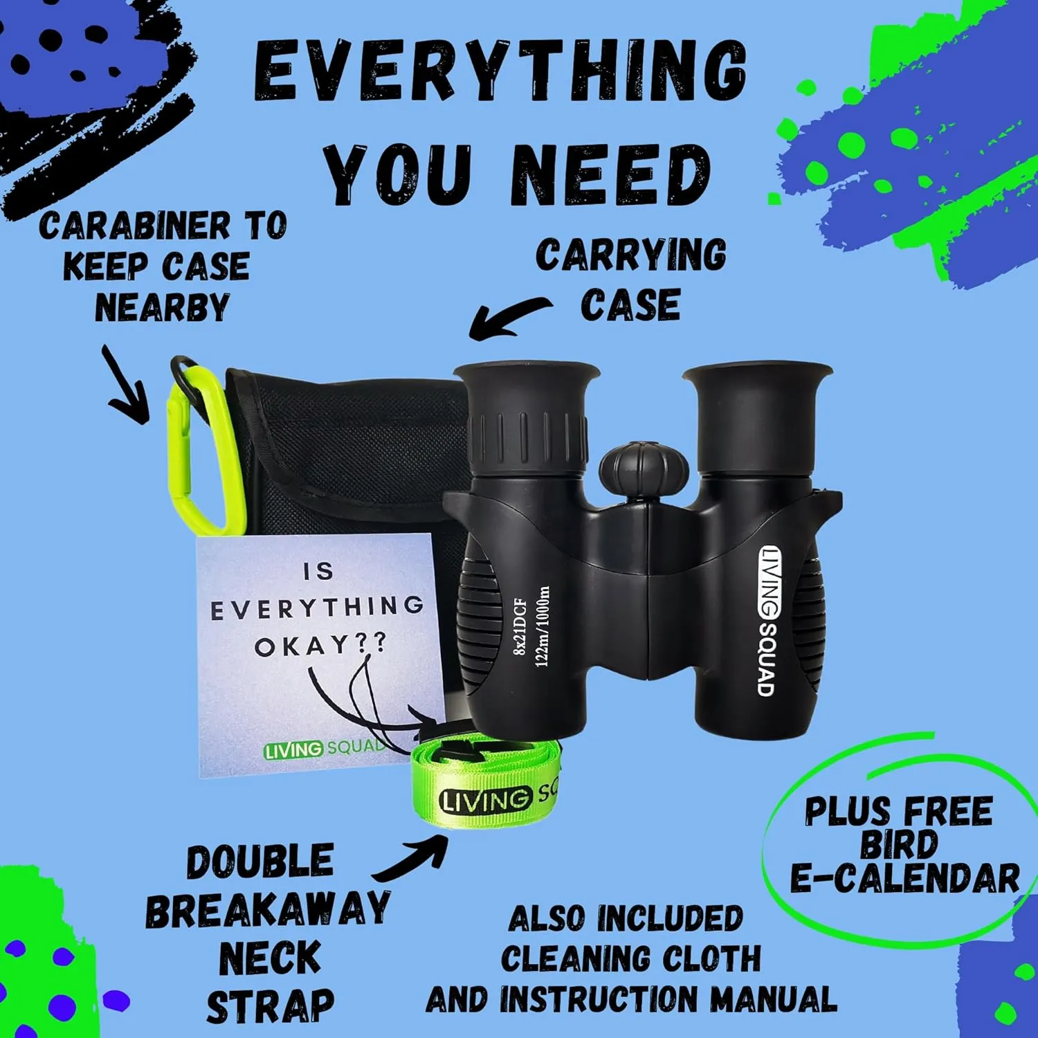 Kids Binoculars 8x21 Black- Child Age 3-12, Shock Proof Compact Real Binoculars Set- High-Resolution Optics Boy & Girl Gift Toy for Bird Watching, Camping- Neck Strap, Compass, Carabiner, Case