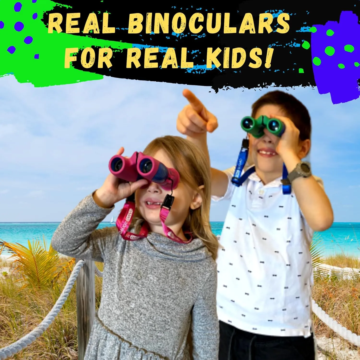 Kids Binoculars 8x21 Black- Child Age 3-12, Shock Proof Compact Real Binoculars Set- High-Resolution Optics Boy & Girl Gift Toy for Bird Watching, Camping- Neck Strap, Compass, Carabiner, Case