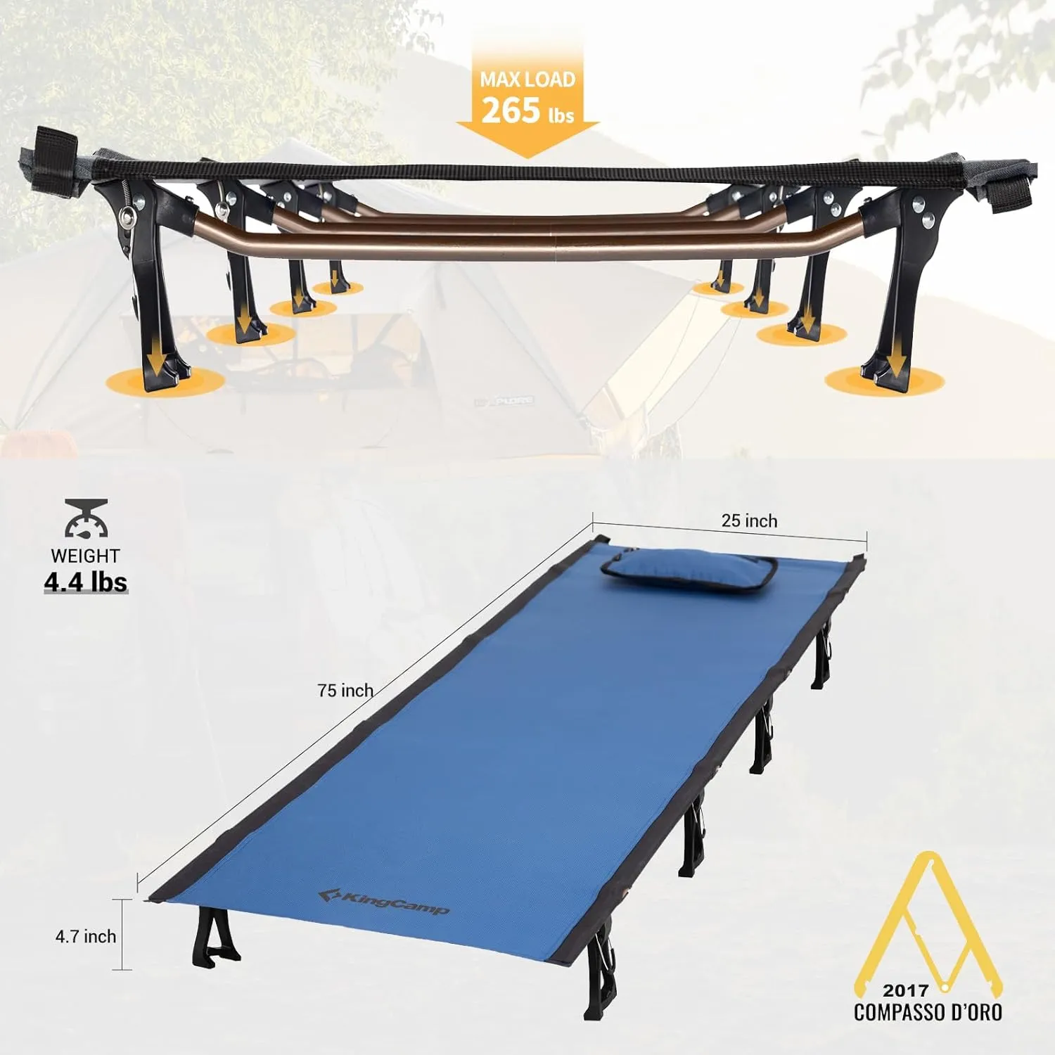 KingCamp Camping Cot, Folding Portable Heavy Duty Ultralight Cots for Adults Camping Tent Hiking Backpacking Mountaineering Travel Indoor Outdoor Indoor Base Camp with Pillow, Support 265 Lbs