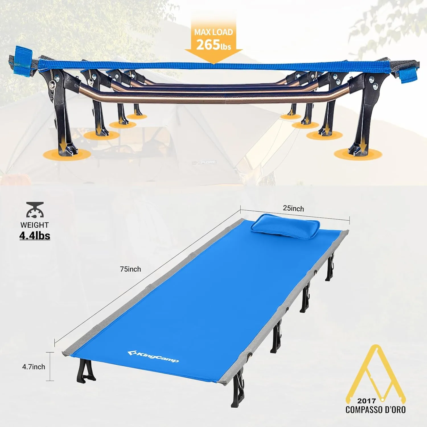 KingCamp Camping Cot, Folding Portable Heavy Duty Ultralight Cots for Adults Camping Tent Hiking Backpacking Mountaineering Travel Indoor Outdoor Indoor Base Camp with Pillow, Support 265 Lbs