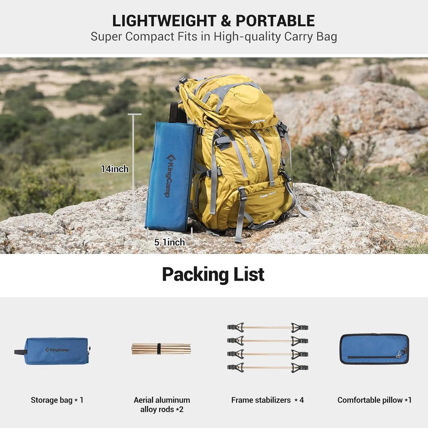 KingCamp Camping Cot, Folding Portable Heavy Duty Ultralight Cots for Adults Camping Tent Hiking Backpacking Mountaineering Travel Indoor Outdoor Indoor Base Camp with Pillow, Support 265 Lbs