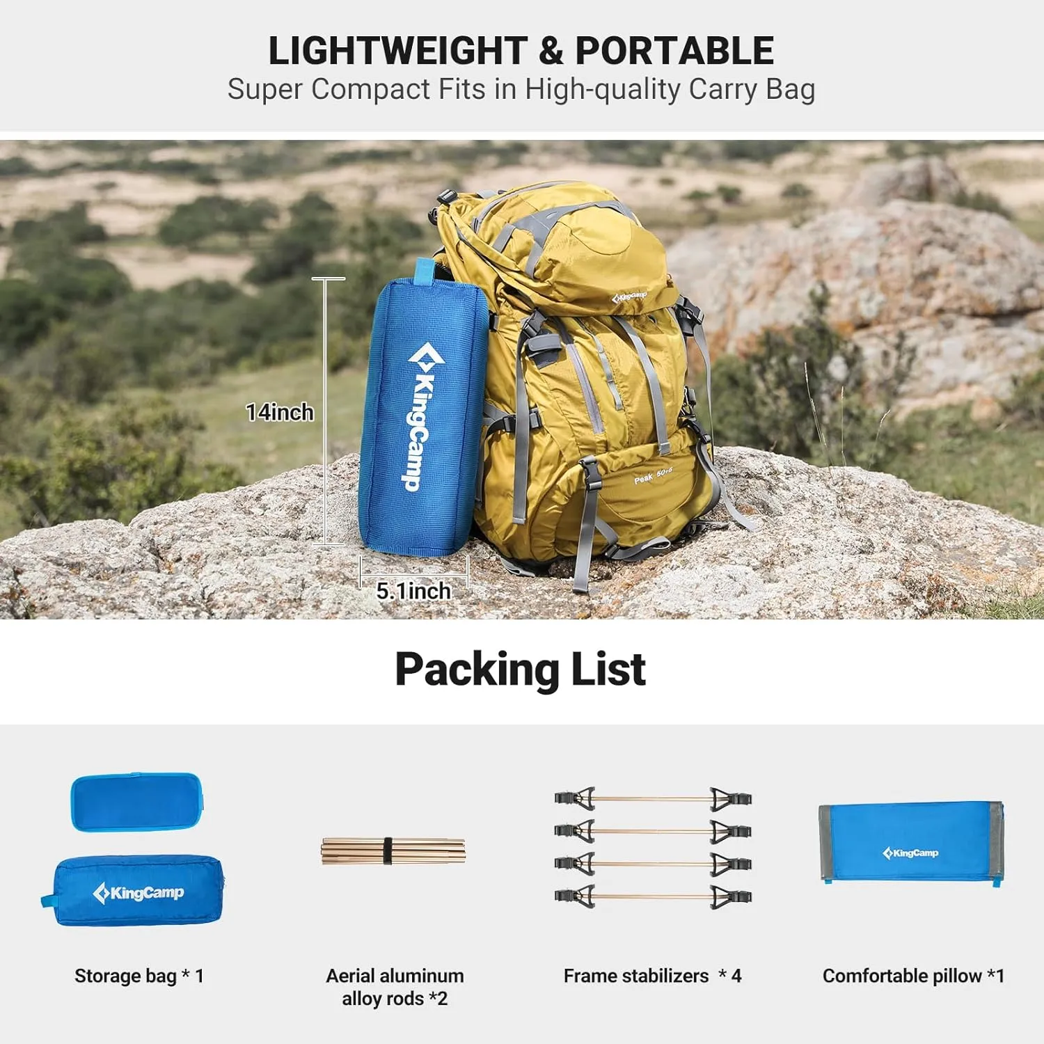 KingCamp Camping Cot, Folding Portable Heavy Duty Ultralight Cots for Adults Camping Tent Hiking Backpacking Mountaineering Travel Indoor Outdoor Indoor Base Camp with Pillow, Support 265 Lbs