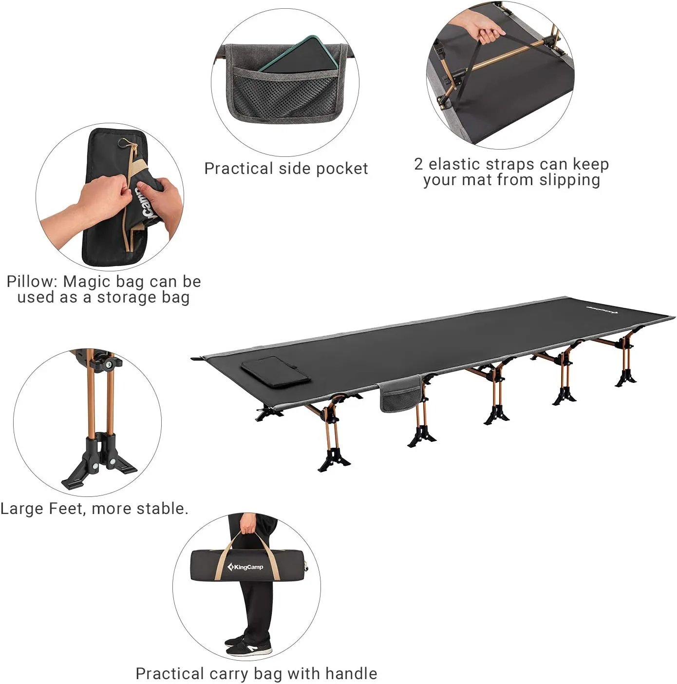 KingCamp Oversized XXL Camping Cot, Folding Portable Lightweight Ultralight Large Wide Heavy Duty 551lbs Sleeping Bed for Adult Backpacking Outdoor Travel Hiking Tent, Black