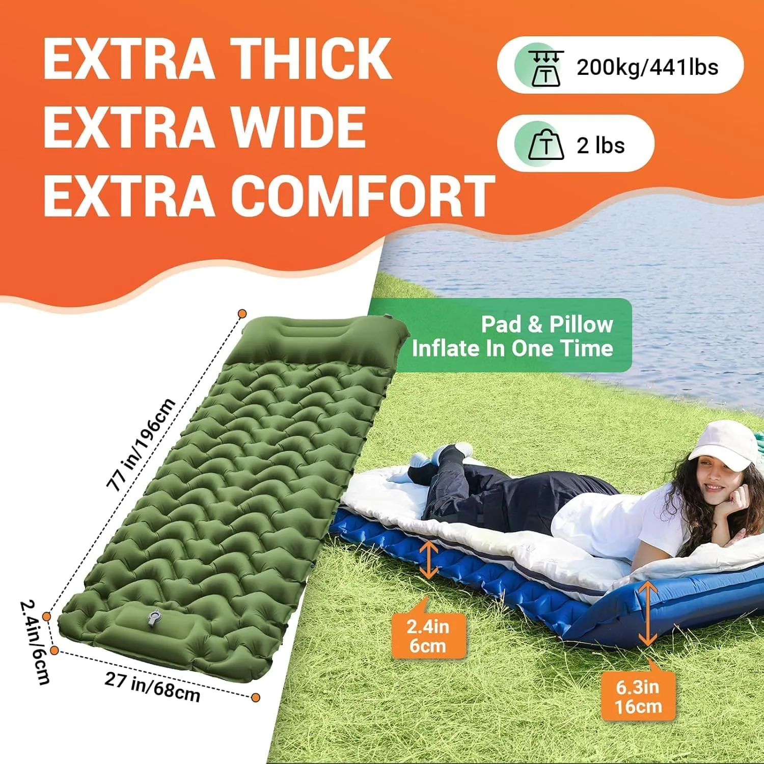 KingCamp Sleeping Pad for Camping, Inflatable Sleeping Pad Ultralight Connectable Camping Mattress with Pillow Built-in Foot Pump for Backpacking Hiking Tent Cot
