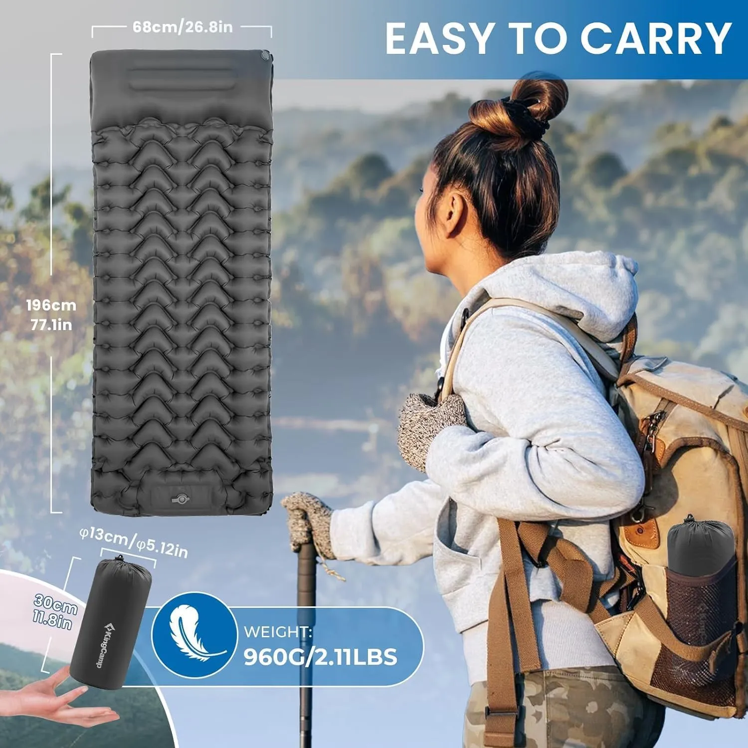 KingCamp Sleeping Pad for Camping, Inflatable Sleeping Pad Ultralight Connectable Camping Mattress with Pillow Built-in Foot Pump for Backpacking Hiking Tent Cot
