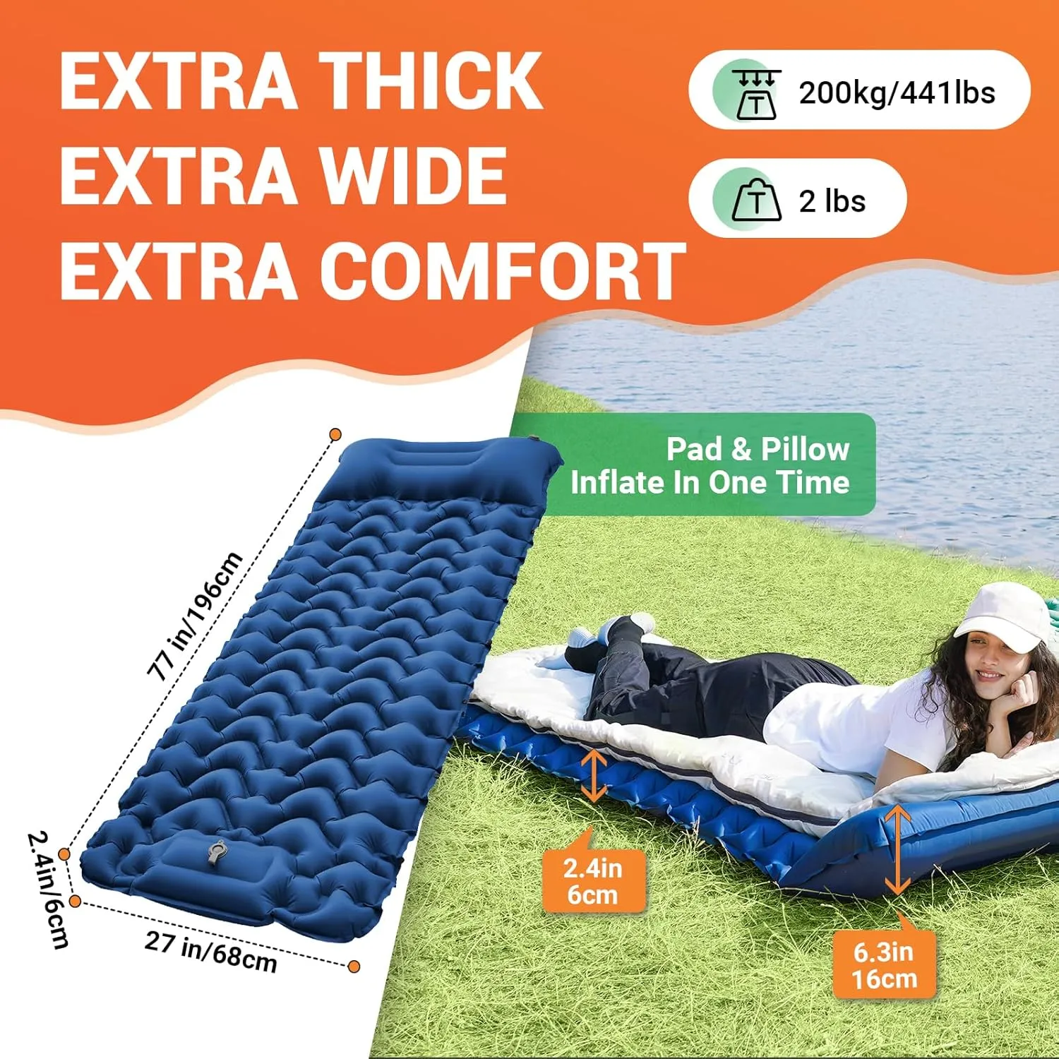 KingCamp Sleeping Pad for Camping, Inflatable Sleeping Pad Ultralight Connectable Camping Mattress with Pillow Built-in Foot Pump for Backpacking Hiking Tent Cot