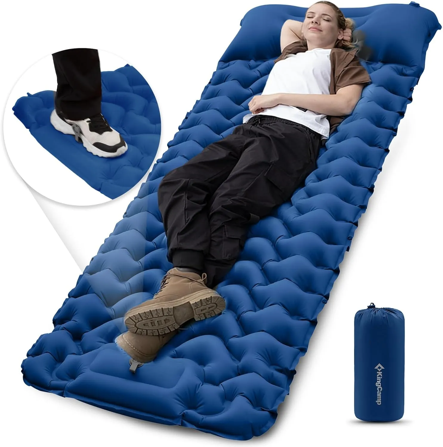 KingCamp Sleeping Pad for Camping, Inflatable Sleeping Pad Ultralight Connectable Camping Mattress with Pillow Built-in Foot Pump for Backpacking Hiking Tent Cot