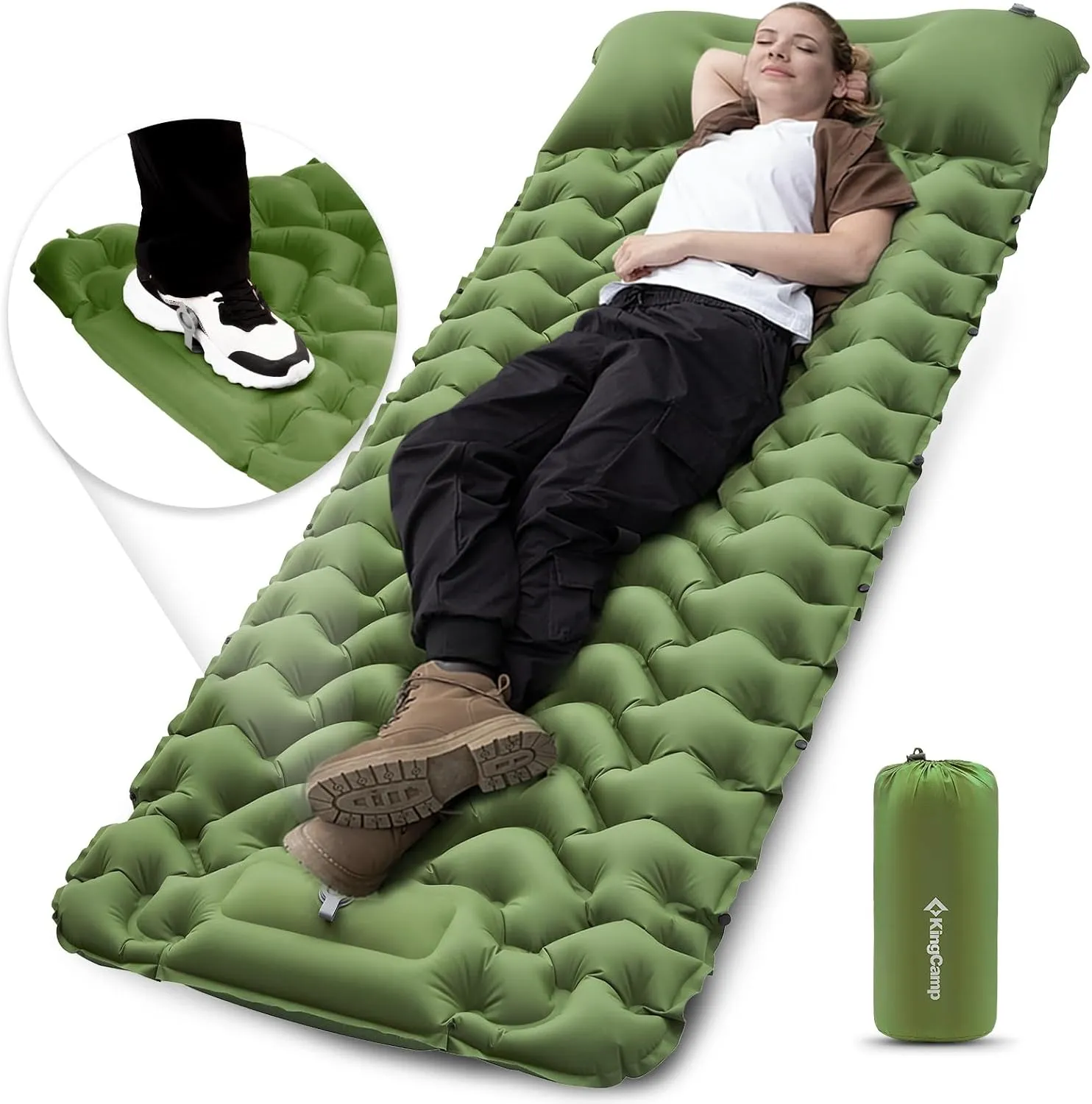 KingCamp Sleeping Pad for Camping, Inflatable Sleeping Pad Ultralight Connectable Camping Mattress with Pillow Built-in Foot Pump for Backpacking Hiking Tent Cot