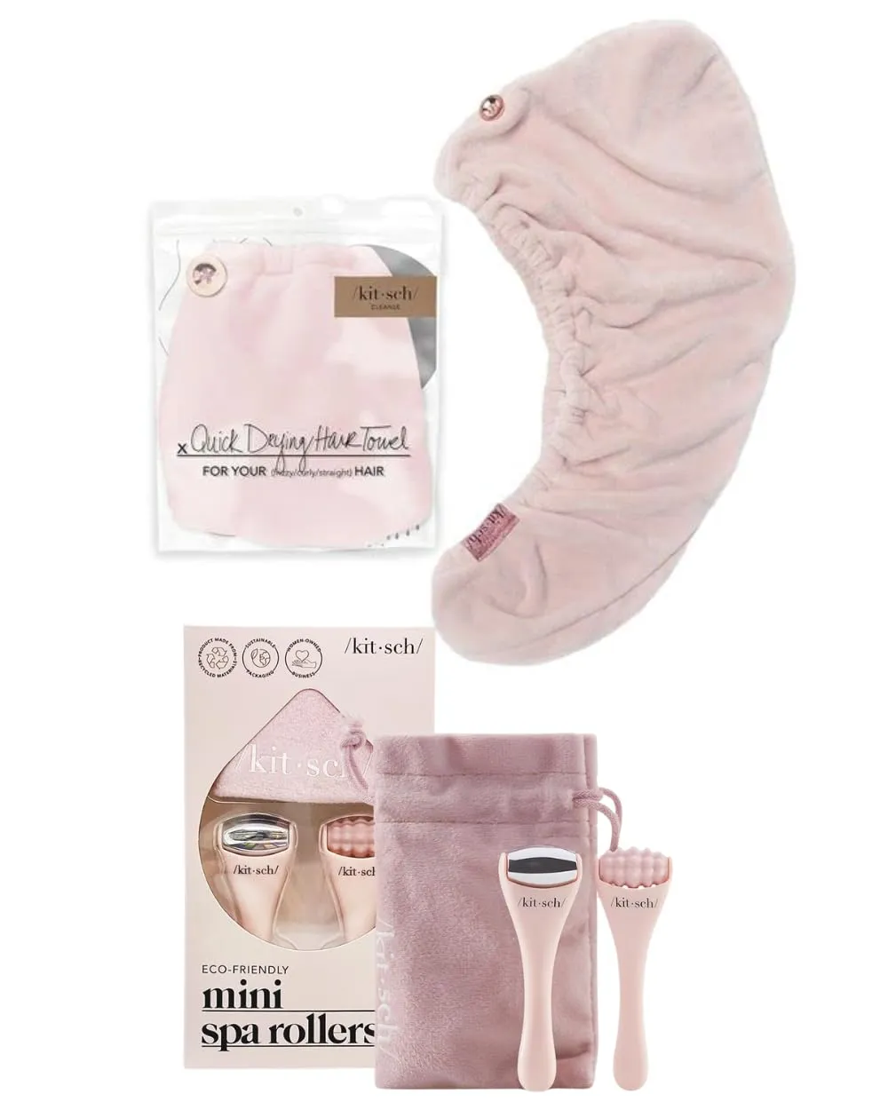 Kitsch Microfiber Har Towel and Mini Ice Roller and Mini Face Roller Set with Pouch Bundle with Discount
