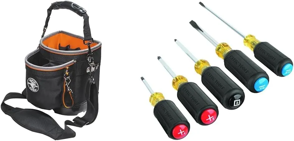Klein Tools 14-Pocket Tool Bag & 5-Piece Color-Coded Screwdriver Set with Precision Tips