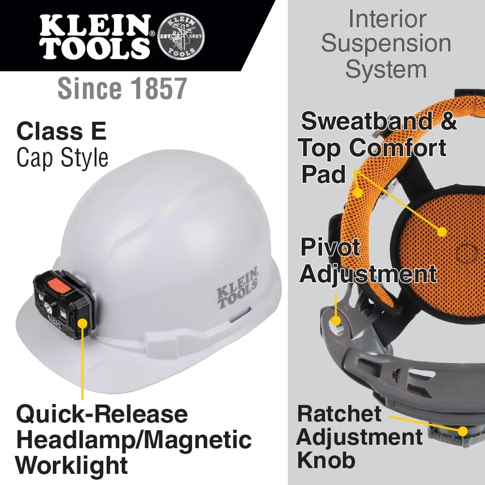 Klein Tools 60107RL Hard Hat, Rechargeable Headlamp, Non-Vented, Cap Style, Padded Self-Wicking Odor-Resistant Sweatband, Tested up to 20kV