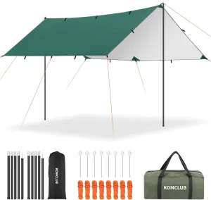 KOMCLUB Camping Tarp with Poles 16x10FT Camping Canopy Rain Fly Waterproof Tent Tarp Extra Large UV Resistant Mutifunctional Tent Footprint Lightweight Tarp for Camping, Hiking and Survival Shelter