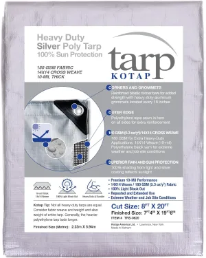 Kotap 8 x 20 Ft. Heavy-Duty Protection/Coverage Tarp, Superior Weave for Greater Longevity, 10-mil Multi-Use, Waterproof, TRS-0820, Silver (1-Pack)