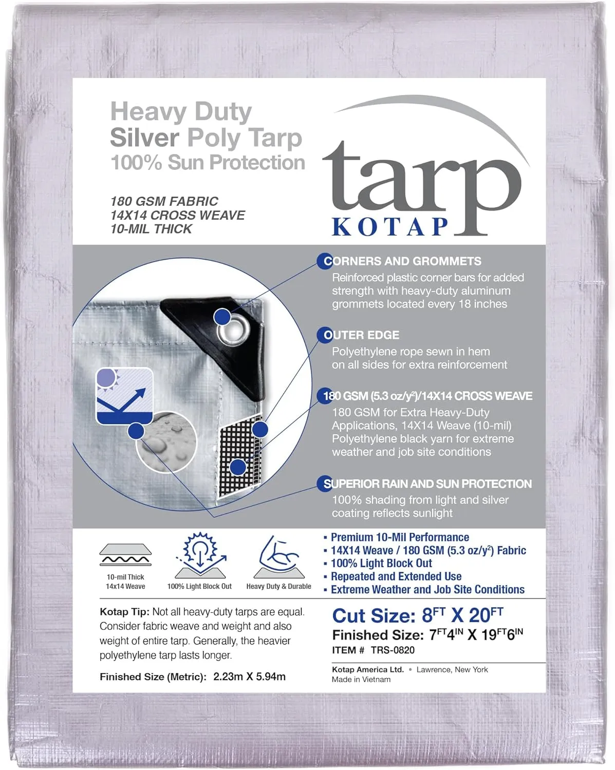Kotap 8 x 20 Ft. Heavy-Duty Protection/Coverage Tarp, Superior Weave for Greater Longevity, 10-mil Multi-Use, Waterproof, TRS-0820, Silver (1-Pack)