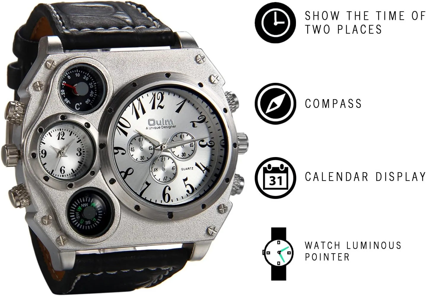 Lancardo Cool Watch for Men: Big Face Leather Strap Dual Time Zone Steampunk Wrist Watch Father's Day