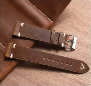 LAnGSHAW Handmade Vintage Leather Watch Band 18mm 20mm 22mm Yellow Green Watchband Stainless Steel Buckle Watch Strap for Watch (Band Color : Brown-White Wire, Band Width : 20mm)