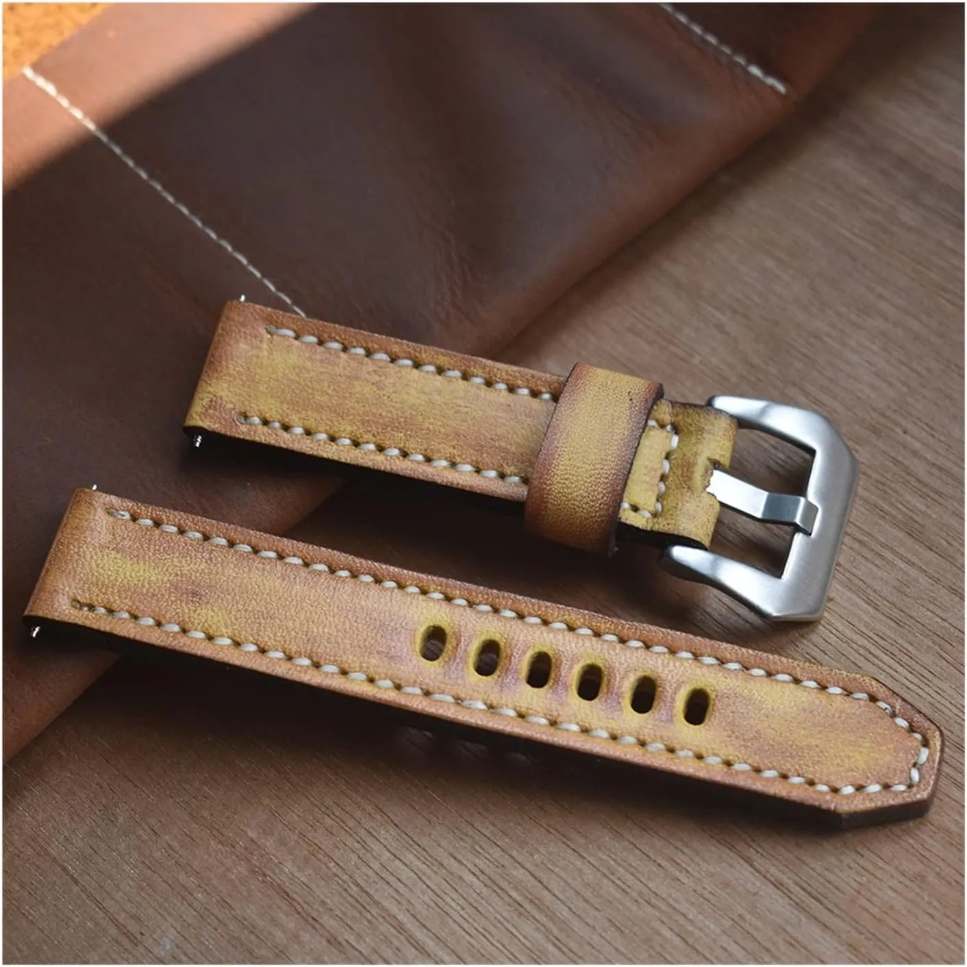 LAnGSHAW Leather Watchbands Yellow Watch Band Strap for Belt Stainless Steel Polished Buckle 18 20 22 24mm (Band Width : 24mm)