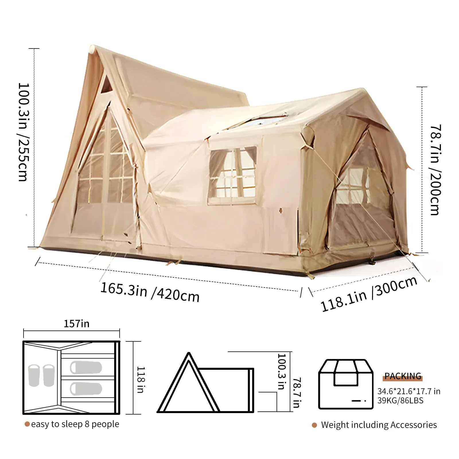 Large Inflatable Tent for 8-10 Person, 135 SQFT Inflatable Cabin Tent, Instant Setup Blow up Tent, 4 Season Waterproof