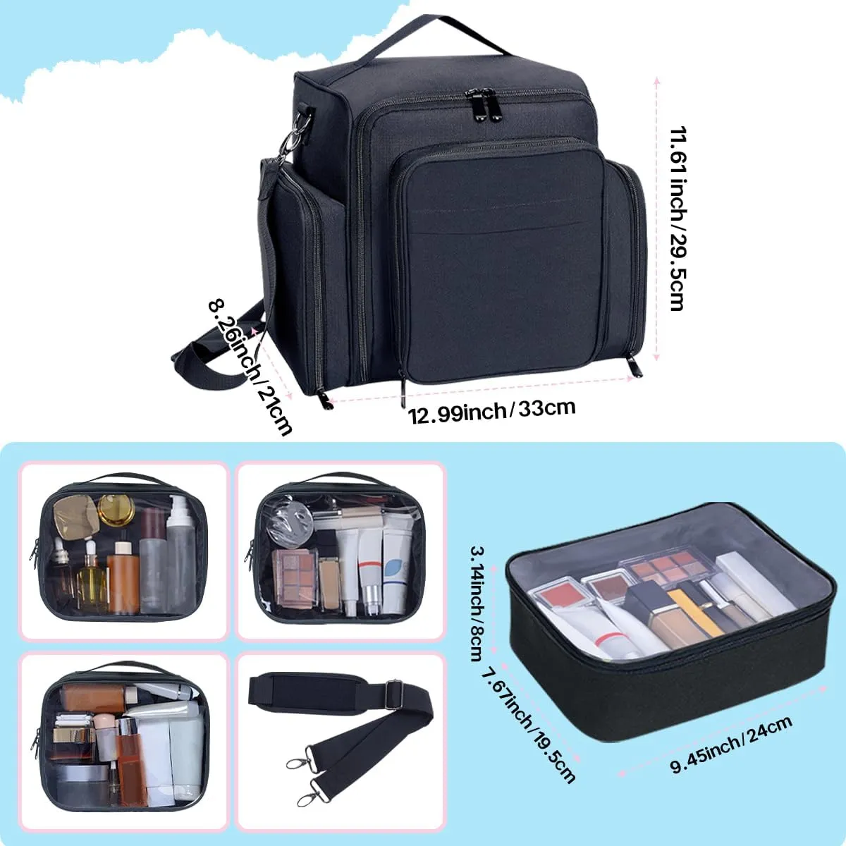 Large Makeup Bag Cosmetic Case Organizer with 3 Inner Removable Pouches Multifunctional Travel Train Storage,Black