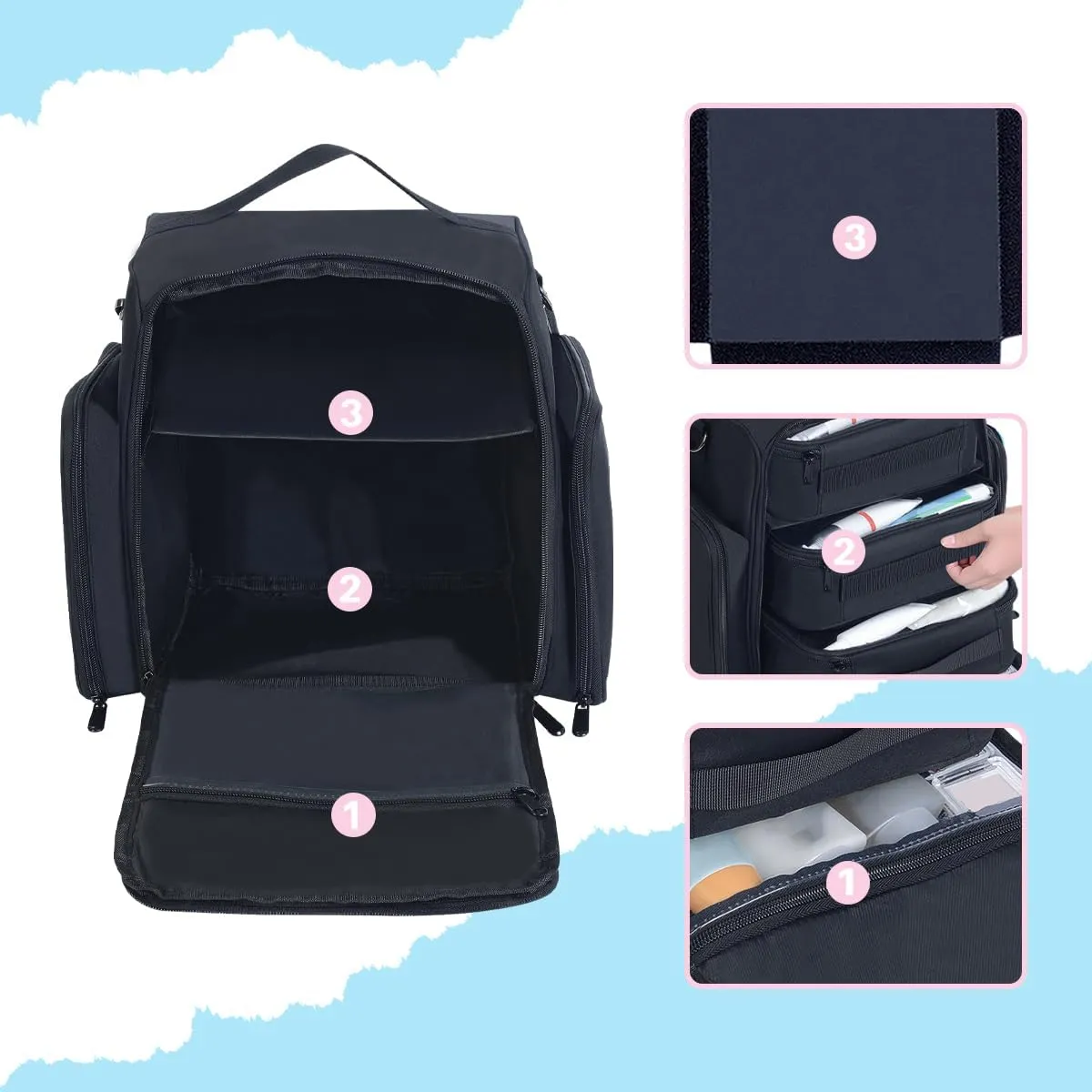 Large Makeup Bag Cosmetic Case Organizer with 3 Inner Removable Pouches Multifunctional Travel Train Storage,Black