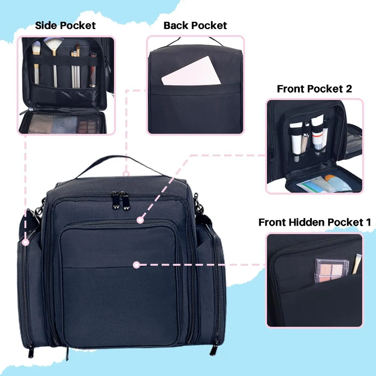 Large Makeup Bag Cosmetic Case Organizer with 3 Inner Removable Pouches Multifunctional Travel Train Storage,Black