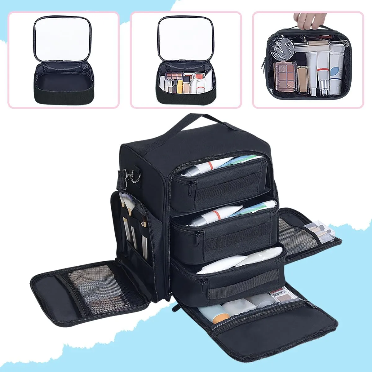 Large Makeup Bag Cosmetic Case Organizer with 3 Inner Removable Pouches Multifunctional Travel Train Storage,Black