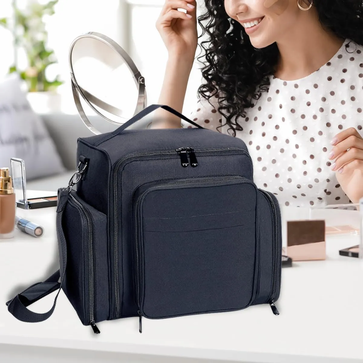 Large Makeup Bag Cosmetic Case Organizer with 3 Inner Removable Pouches Multifunctional Travel Train Storage,Black