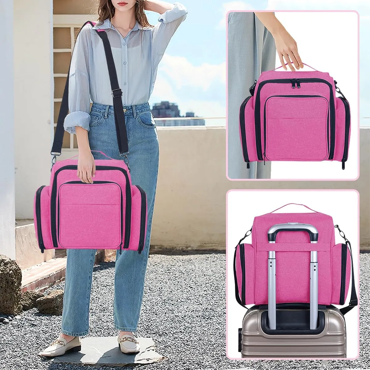 Large Makeup Bag Cosmetic Case Organizer with 3 Inner Removable Pouches Multifunctional Travel Train Storage,Rose Red