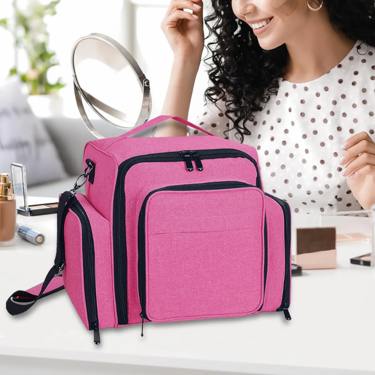 Large Makeup Bag Cosmetic Case Organizer with 3 Inner Removable Pouches Multifunctional Travel Train Storage,Rose Red