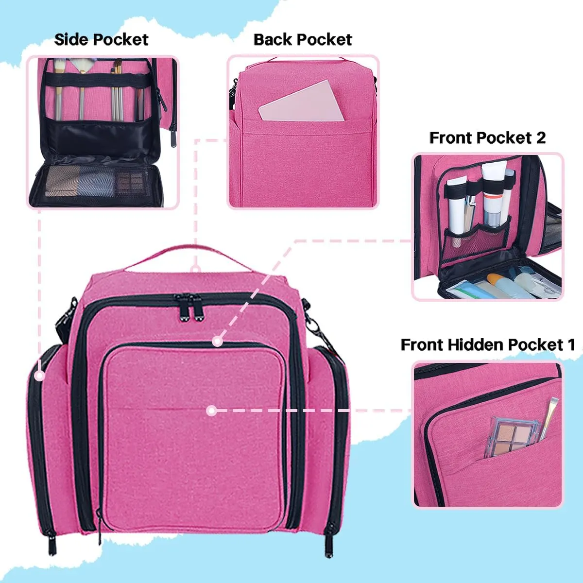 Large Makeup Bag Cosmetic Case Organizer with 3 Inner Removable Pouches Multifunctional Travel Train Storage,Rose Red