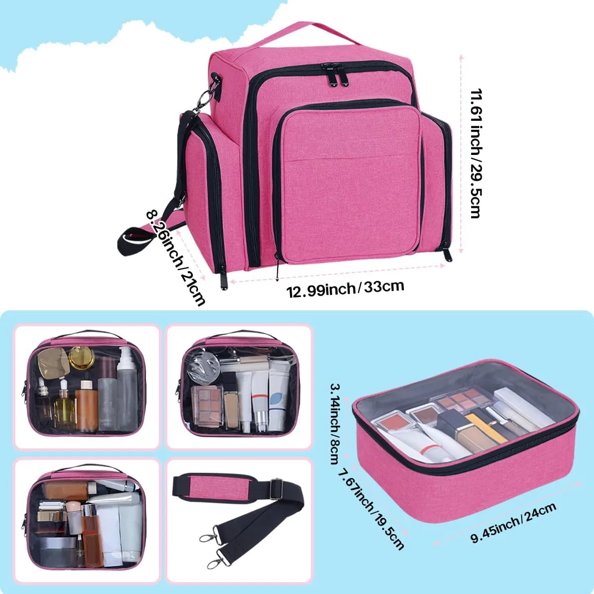 Large Makeup Bag Cosmetic Case Organizer with 3 Inner Removable Pouches Multifunctional Travel Train Storage,Rose Red