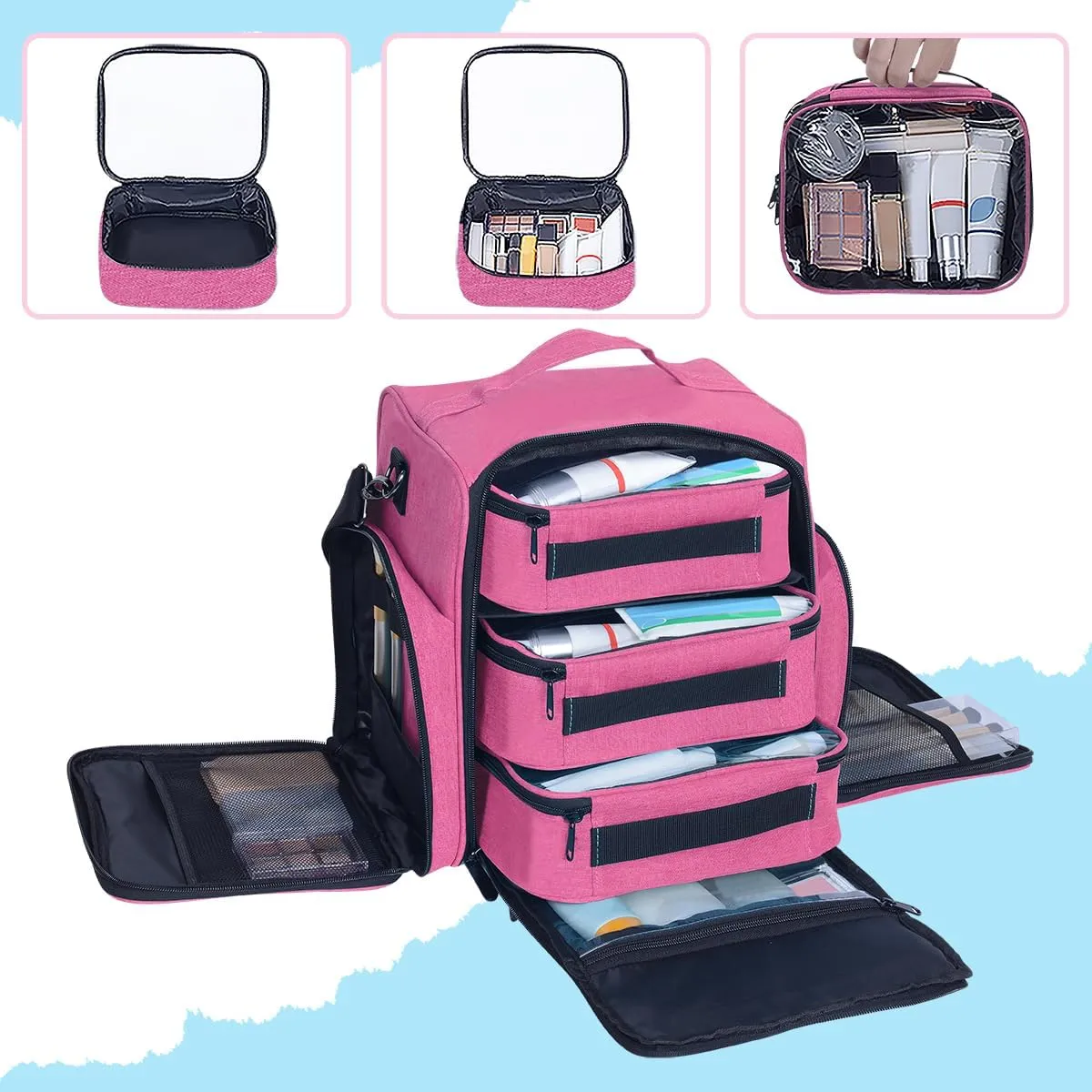 Large Makeup Bag Cosmetic Case Organizer with 3 Inner Removable Pouches Multifunctional Travel Train Storage,Rose Red