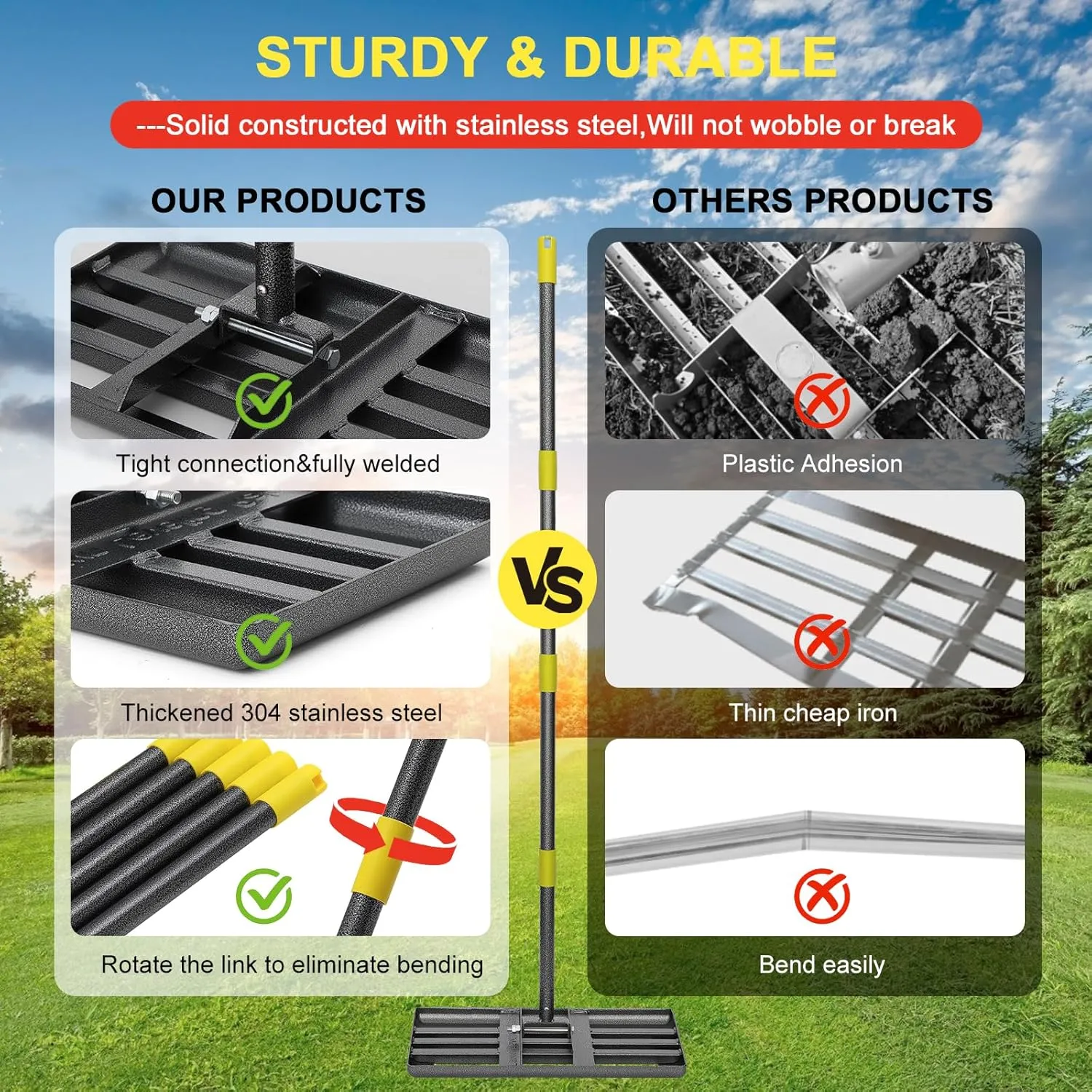 Lawn Leveling Rake - Heavy Duty 30"x10" Stainless Steel Leveler Plate,Reinforced Welds,28-60" Adjustable, Anti Flipping Smooth Edge,for Soil, Dirt,Ground,Yard Top Dressing,Landscaping