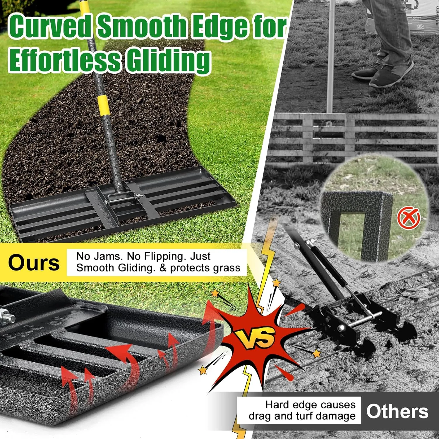 Lawn Leveling Rake - Heavy Duty 30"x10" Stainless Steel Leveler Plate,Reinforced Welds,28-60" Adjustable, Anti Flipping Smooth Edge,for Soil, Dirt,Ground,Yard Top Dressing,Landscaping