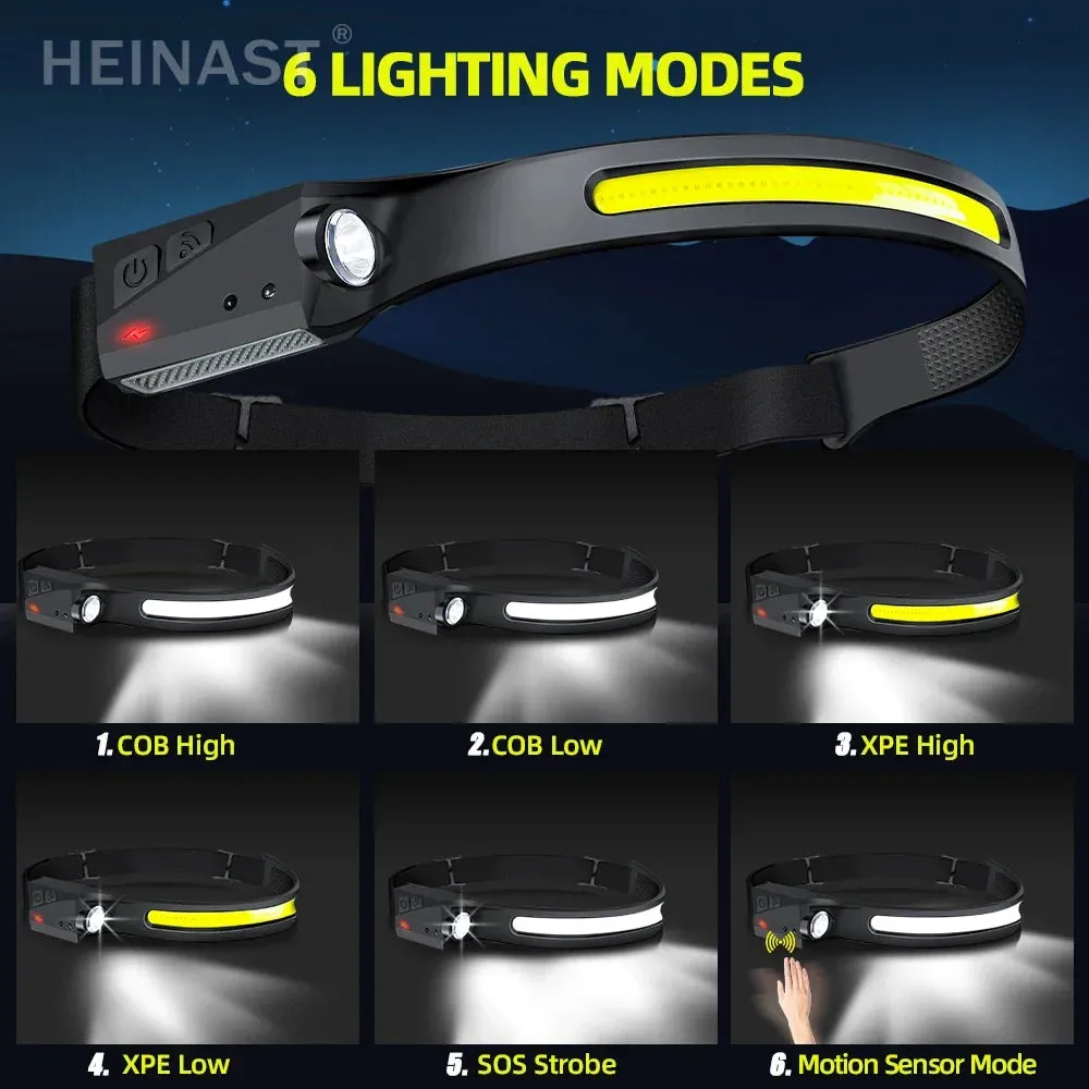 LED Sensor Headlamp with Built-in Battery, 10W USB Rechargeable, 180° Beam Angle, 5 Modes, IPX4 Waterproof Head Flashlight for Camping and Fishing