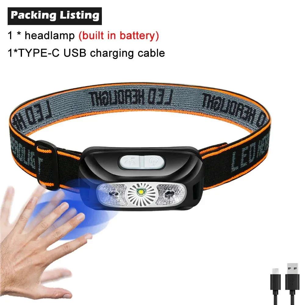 LED Sensor Headlamp with Built-in Battery, 10W USB Rechargeable, 180° Beam Angle, 5 Modes, IPX4 Waterproof Head Flashlight for Camping and Fishing