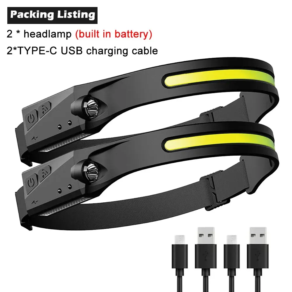 LED Sensor Headlamp with Built-in Battery, 10W USB Rechargeable, 180° Beam Angle, 5 Modes, IPX4 Waterproof Head Flashlight for Camping and Fishing