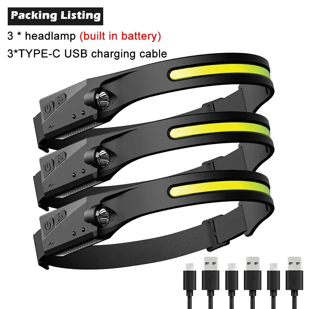 LED Sensor Headlamp with Built-in Battery, 10W USB Rechargeable, 180° Beam Angle, 5 Modes, IPX4 Waterproof Head Flashlight for Camping and Fishing