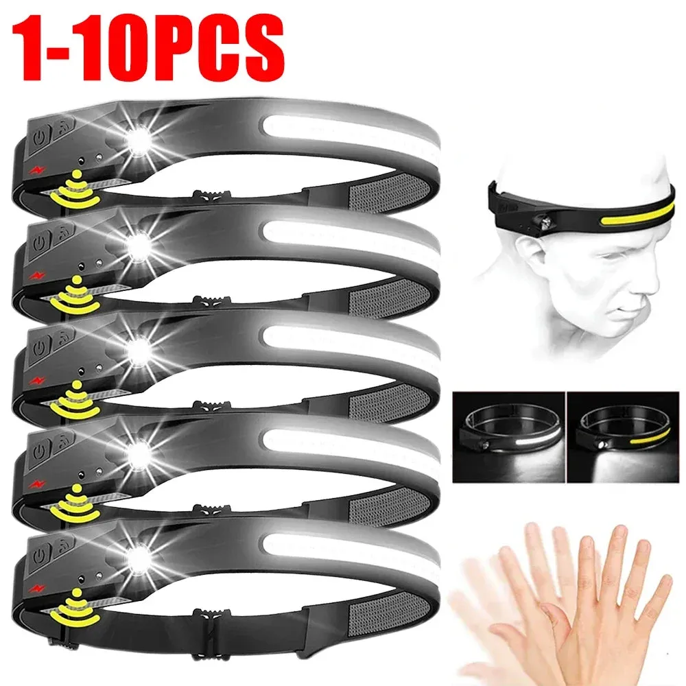 LED Sensor Headlamp with Built-in Battery, 10W USB Rechargeable, 180° Beam Angle, 5 Modes, IPX4 Waterproof Head Flashlight for Camping and Fishing