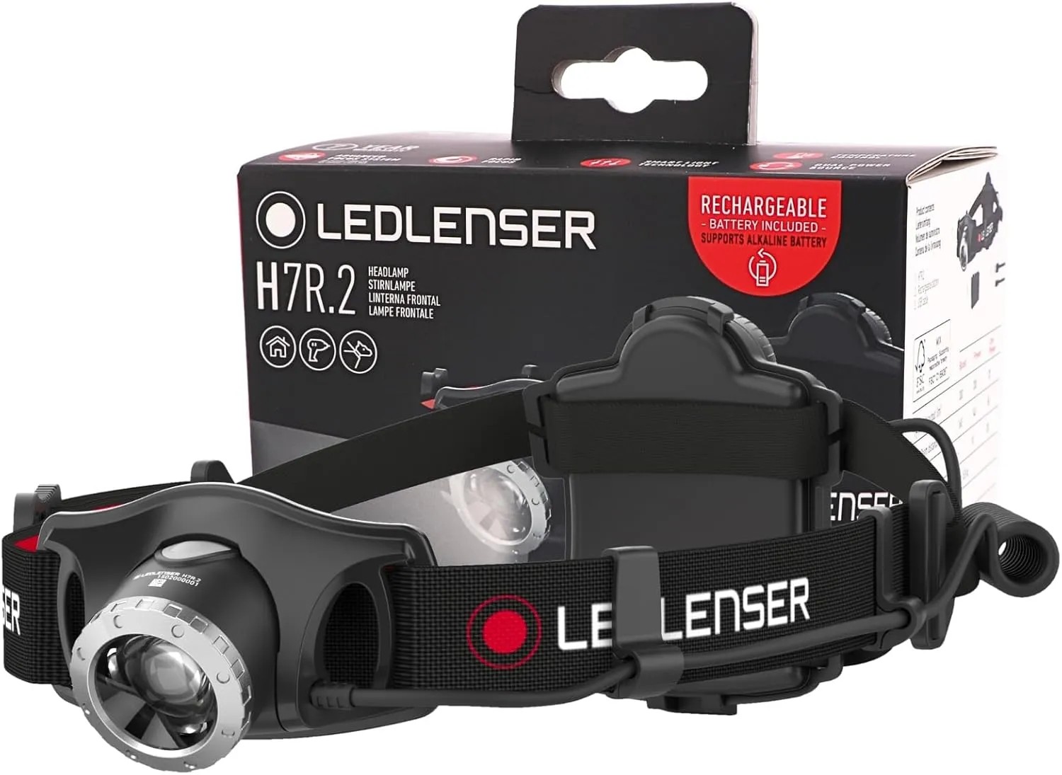 Ledlenser H7R.2 - Rechargeable LED Head Torch, Super Bright 300 Lumens Headlamp, Water Resistant (IPX6), Camping, Fishing, Hiking Equipment, Rechargeable Work Head Torch, Up to 30 Hours Running Time