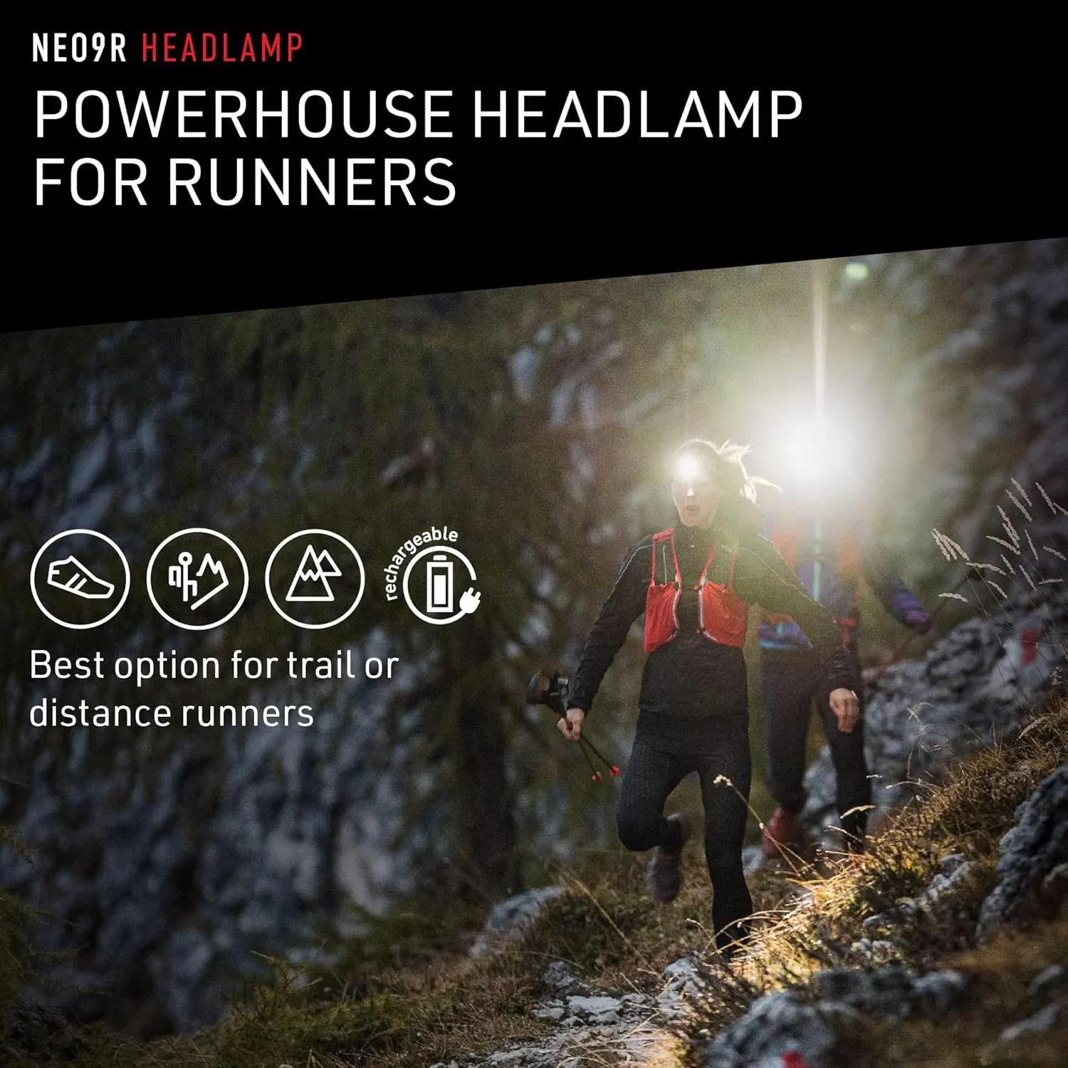 Ledlenser NEO9R LED headlamp Trail Running, Running lamp, Bright, 1200 lumens, Rechargeable, red Rear Light, Chest Strap, Reflective Headband (Black)