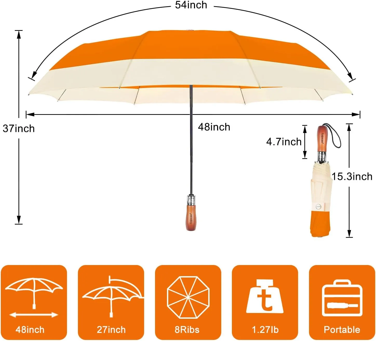 Lejorain Compact Golf Umbrella Large - 54inch Travel Big Portable Automatic Folding Umbrella Windproof for Men Heavy Duty 210T Dupont Teflon Coated Umbrella for Rain