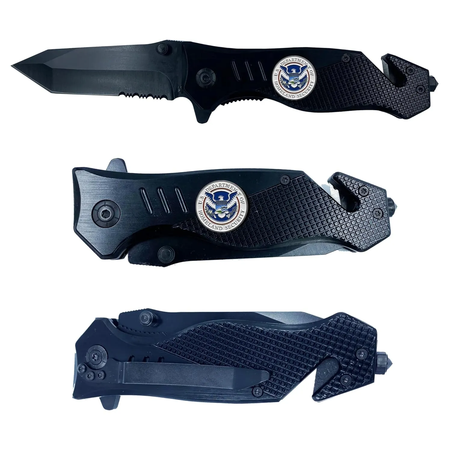 LEO Challenge Coins DHS collectible Officer 3-in-1 Police Tactical Rescue knife tool with Seatbelt Cutter, Steel Serrated Blade, Glass Breaker Homeland Security, black