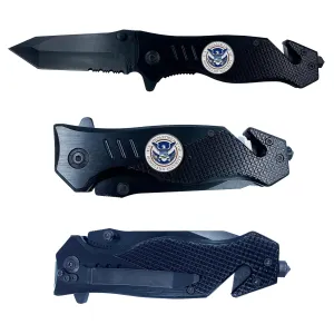 LEO Challenge Coins DHS collectible Officer 3-in-1 Police Tactical Rescue knife tool with Seatbelt Cutter, Steel Serrated Blade, Glass Breaker Homeland Security, black
