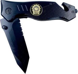 LEO Challenge Coins NYPD Detective Knife 3-in-1 Military Tactical Rescue tool knife with Seatbelt Cutter, Steel Serrated Blade, Glass Breaker
